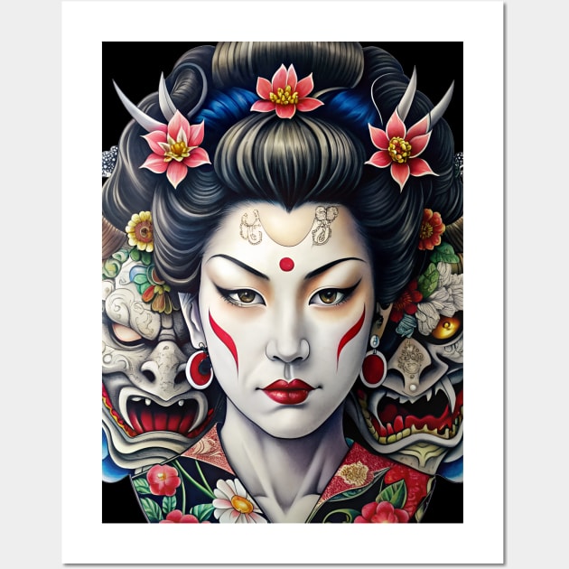 Japanese Geisha with Oni Masks Tattoo Wall Art by Ravenglow